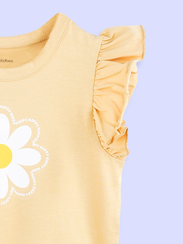 Girls Yellow Top – Daisy Flower Print with Ruffle Sleeves