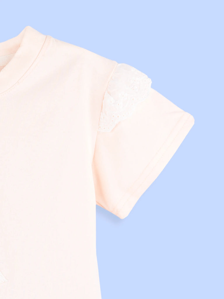 Girls Cotton Co-Ord Set – Peach Bunny T-Shirt with Denim Shorts