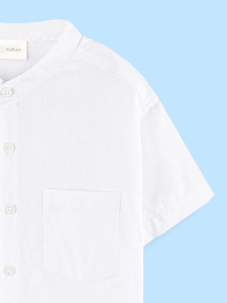 Boys White Cotton Mandarin Collar Shirt – Short Sleeve Casual Shirt