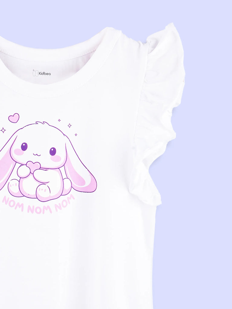 Girls White Top – Cute Bunny “Nom Nom Nom” Print with Ruffle Sleeves