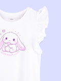 Girls White Top – Cute Bunny “Nom Nom Nom” Print with Ruffle Sleeves