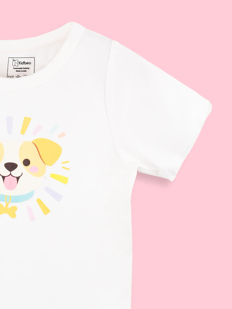 Girls White Top – Cute Puppy Print with Round Neck