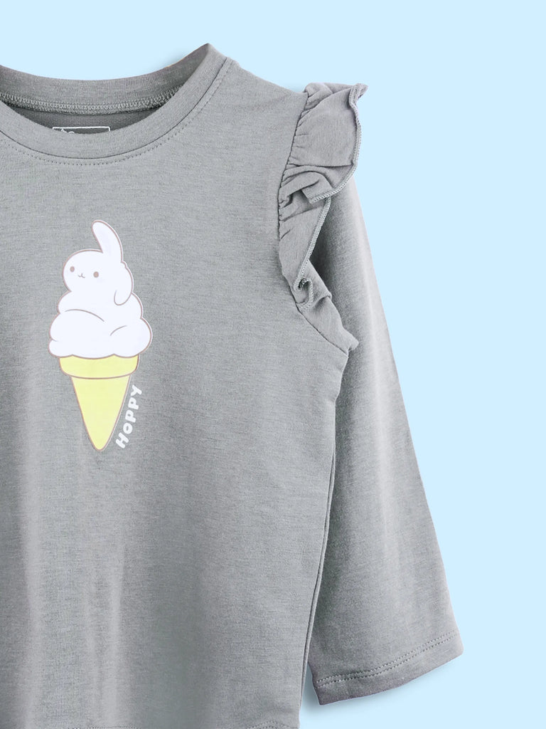 Girls Grey Full-Sleeve Top – Ice Cream Bunny Print