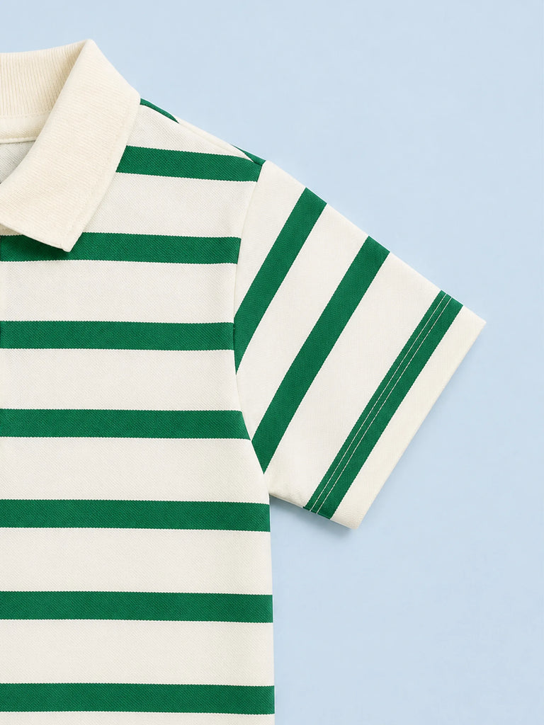 Boys Bamboo Fabric Green Striped Polo T-Shirt