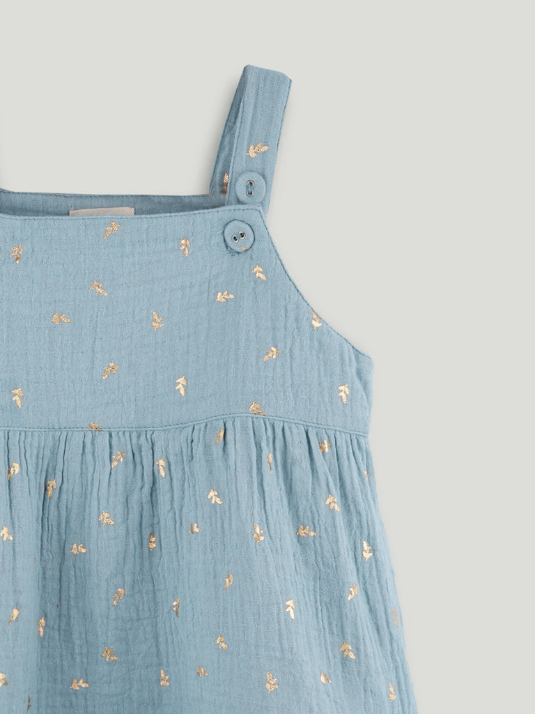 Girls Organic Cotton Sky Blue Floral Print Dress & Bloomers Set with Headband