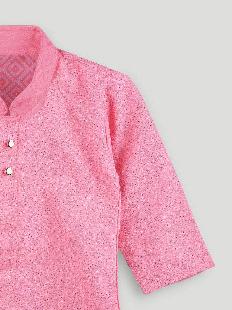 Boys Pink Kurta & White Dhoti Set – Traditional Festive Ethnic Wear