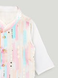 Boys White Kurta & Dhoti Set – Pastel Printed Jacket Festive Wear