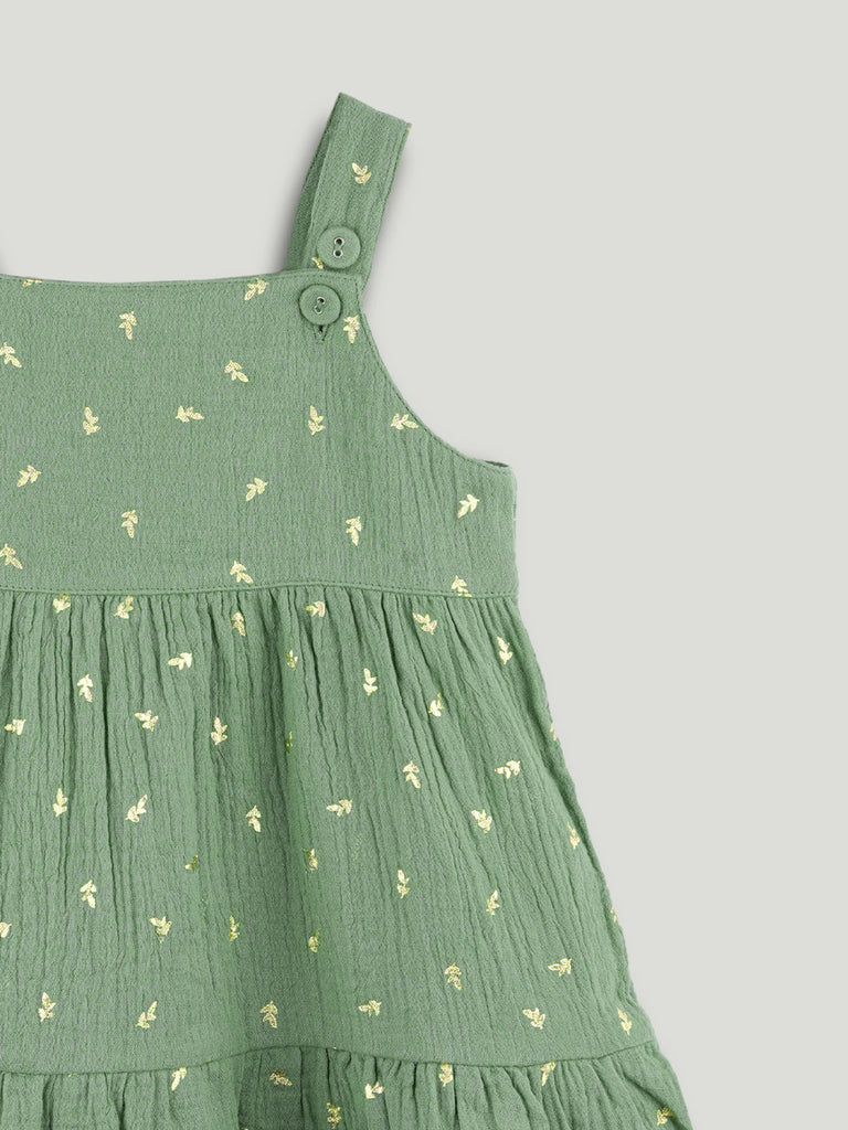 Girls Organic Cotton Sage Green Dress with Matching Headband