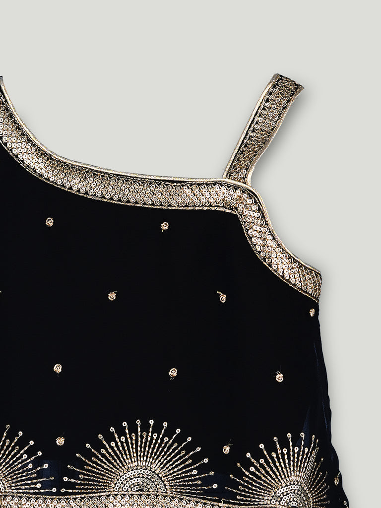 Girls Black Ethnic Crop Top & Dhoti Pants Set – Gold Embroidered Festive Wear