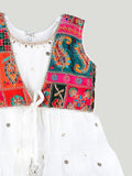 Girls White Ethnic Kurta & Dhoti Set – Multicolor Printed Jacket Festive Wear