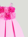 Girls Pink Partywear Frock – 3D Rose Flower Flared Dress
