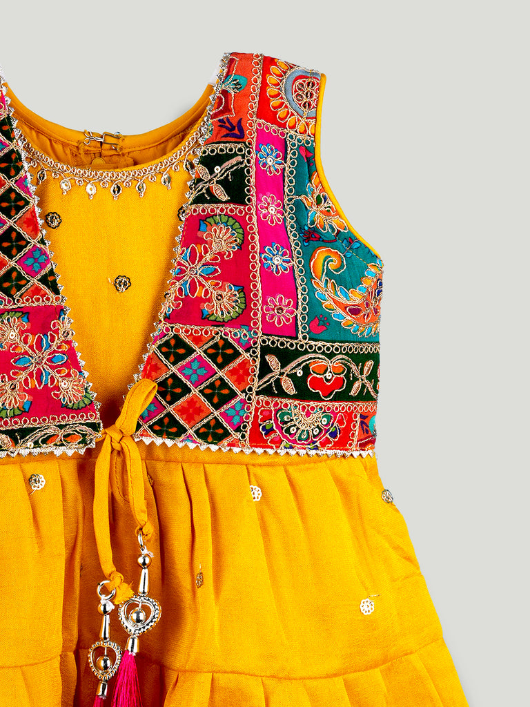 Girls Ethnic Yellow Kurta & Salwar Set – Embroidered Multicolor Jacket Style Festive Wear
