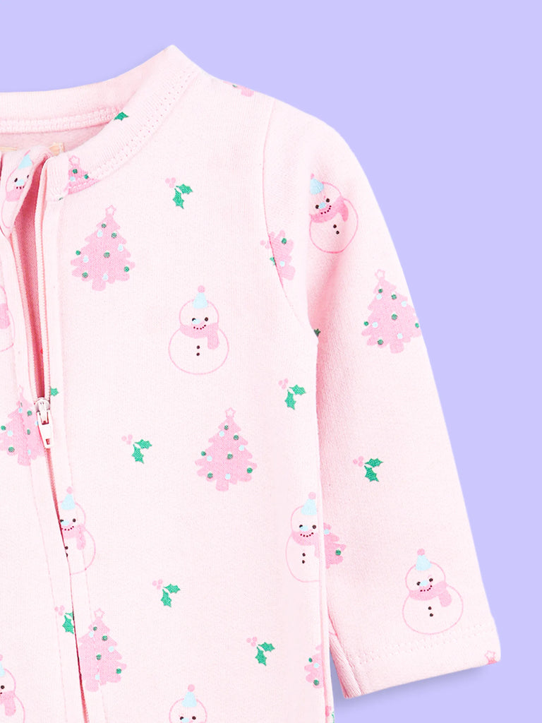 Cotton Baby Girls Footed Romper – Pink Christmas Print Full-Sleeve Romper