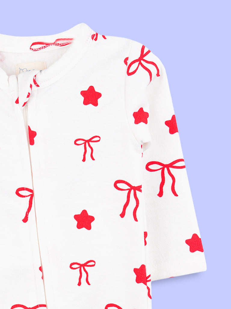 Cotton Baby Footed Romper – White Bow & Star Print Full-Sleeve Romper
