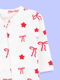 Cotton Baby Footed Romper – White Bow & Star Print Full-Sleeve Romper