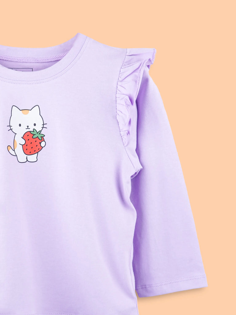 Girls Lavender Full-Sleeve Top – Strawberry Kitty Print