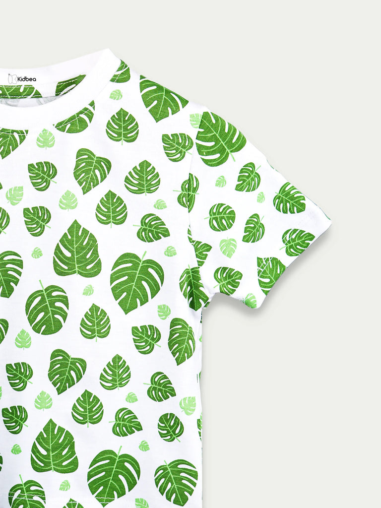 Organic Cotton Unisex Kids Co-ord Set – Soft Breathable Leaf Print T-Shirt & Shorts Set