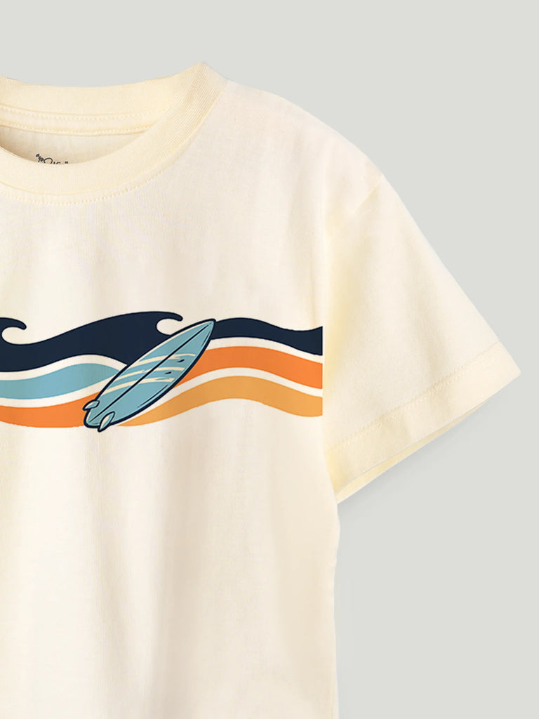 Unisex Bamboo Fabric Cream Surf Print Oversized T-Shirt