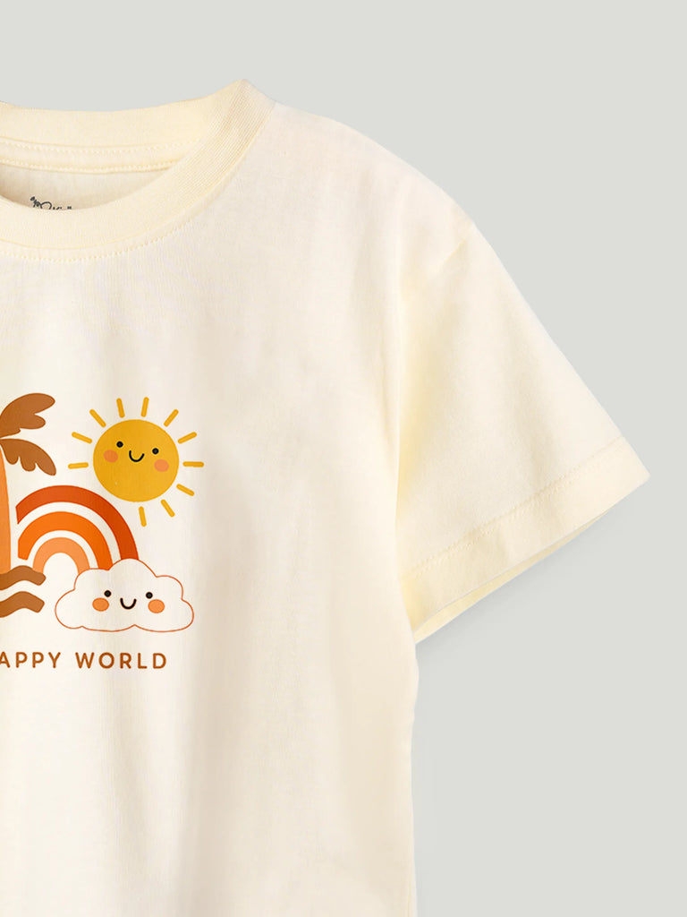 Unisex Bamboo Fabric Cream Happy World Print Oversized T-Shirt