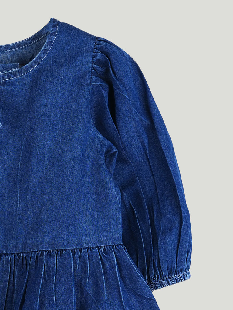 Girls Denim Peplum Top with Puff Sleeves - Dark Blue