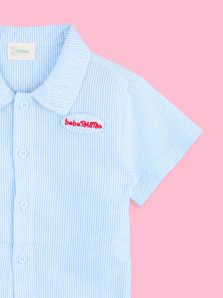 Boys Cotton Shirt & Shorts Set – Blue Striped Shirt with Navy Shorts