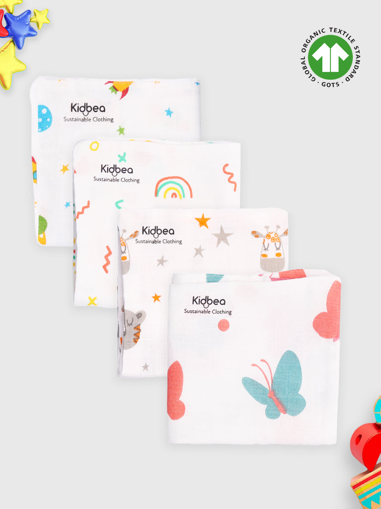 Kidbea Muslin Premium ultra Soft doubled layer Napkin Multicolor - Pack of 4