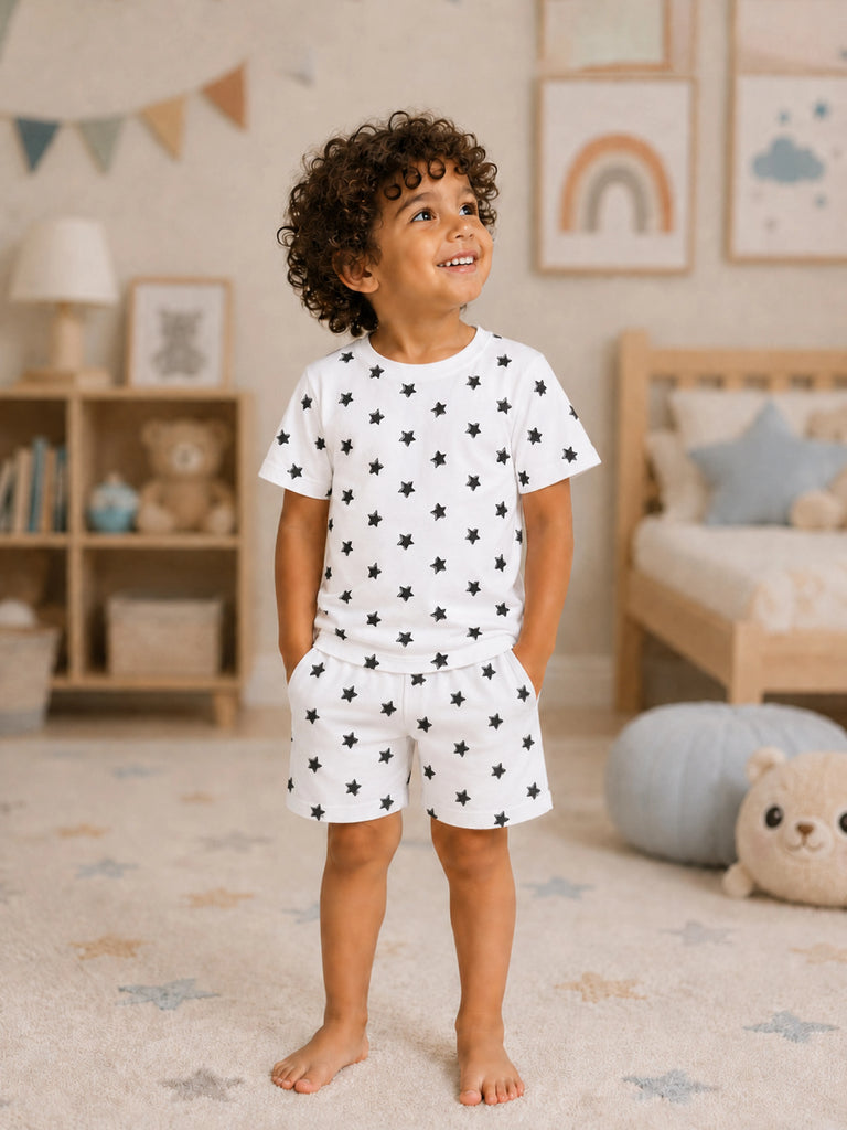 Organic Cotton Unisex Kids Co-ord Set – Soft Breathable Star Print T-Shirt & Shorts Set