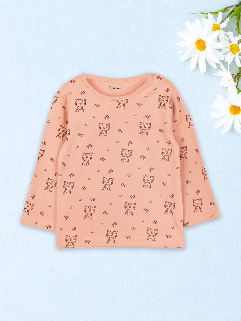 Organic Cotton Unisex Baby Co-ord Set – Soft Breathable Peach Tiger Print Full SleeveT-shirt & Pyjama for Infants