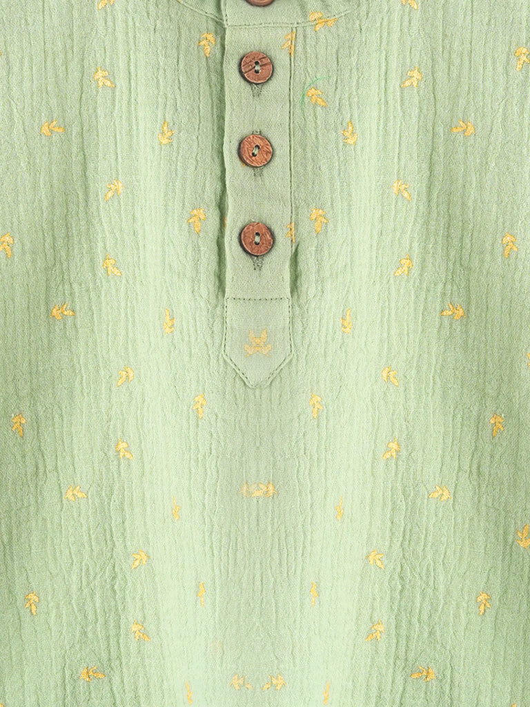 Organic Cotton Boys Mandarin Collar Full Sleeve Shirt - Sage Green