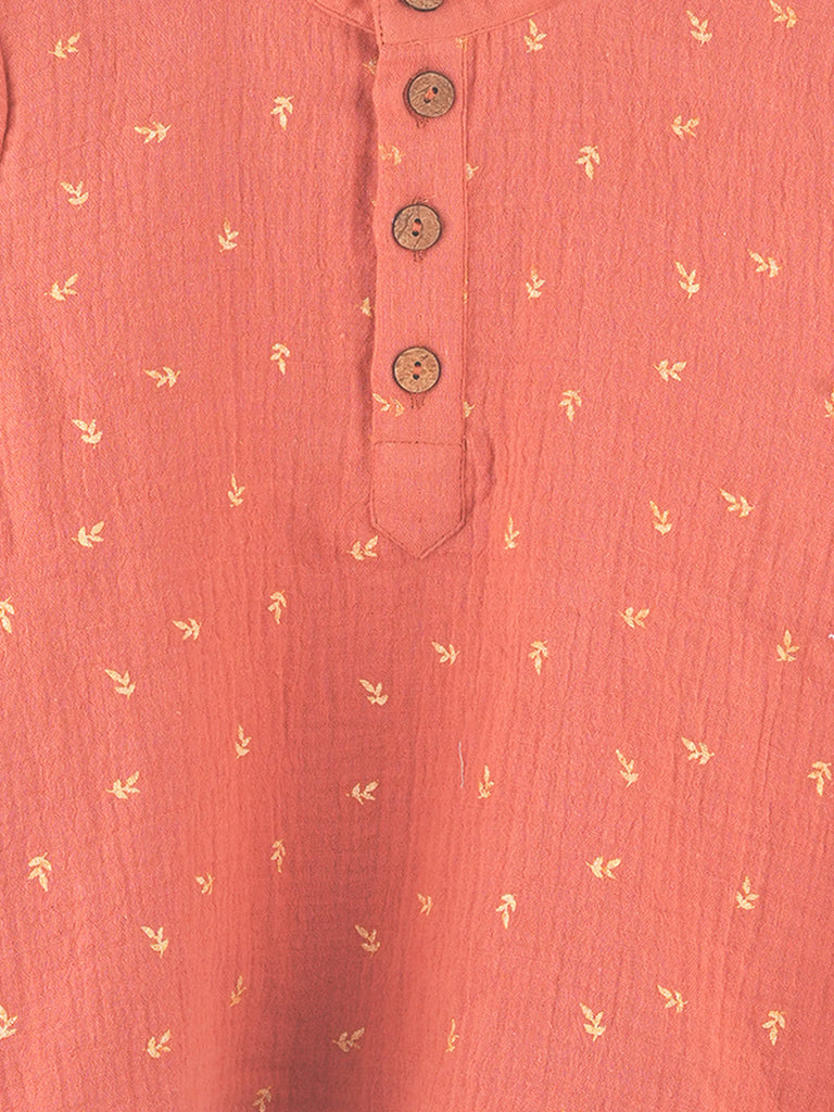 Organic Cotton Boys Mandarin Collar Full Sleeve Shirt - Rust Orange