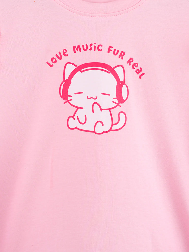 Girls Pink Full-Sleeve Top – Love Music Fur Real Print