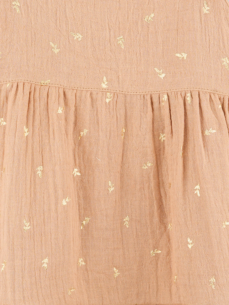 Girls Organic Cotton Beige Floral Print Dress & Bloomers Set with Headband