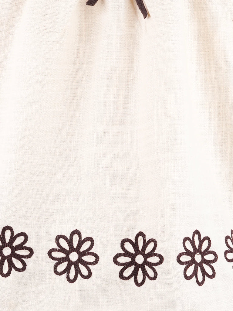Girls Cotton Co-Ord Set – Cream Top & Wide-Leg Pants with Floral Embroidery