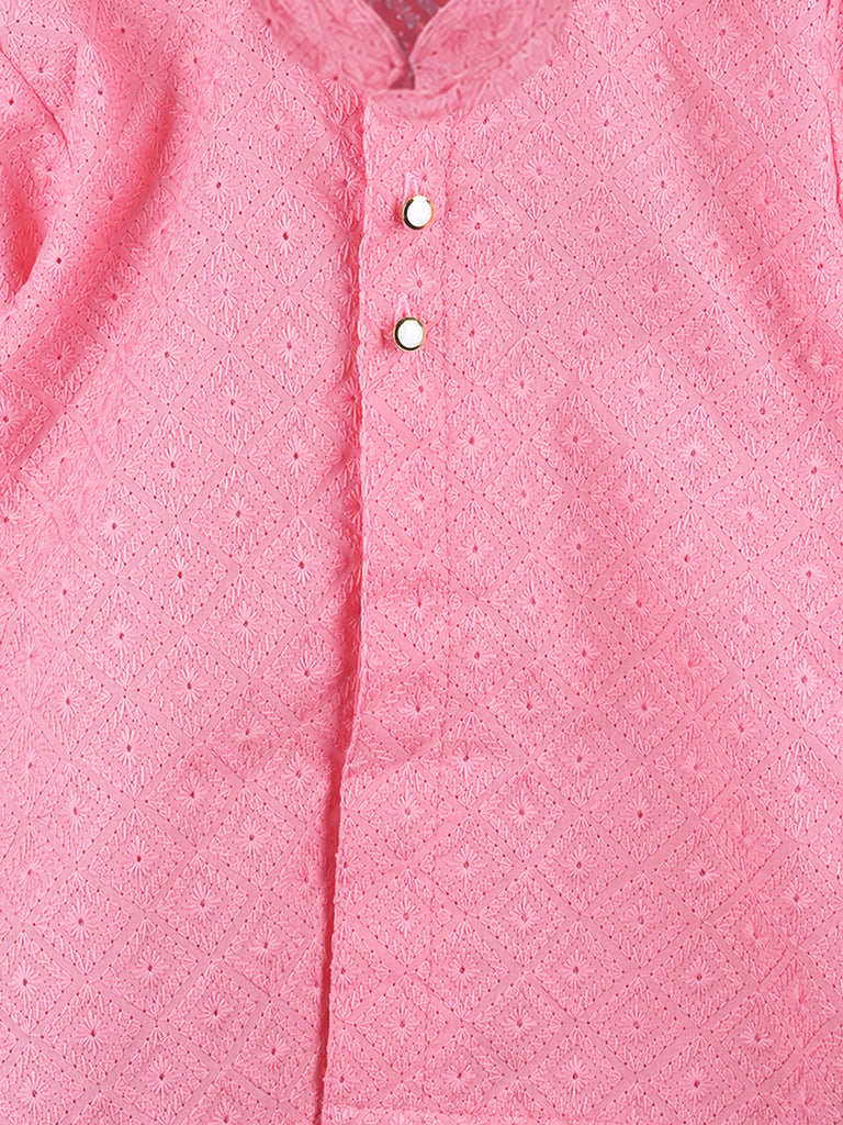 Boys Pink Kurta & White Dhoti Set – Traditional Festive Ethnic Wear