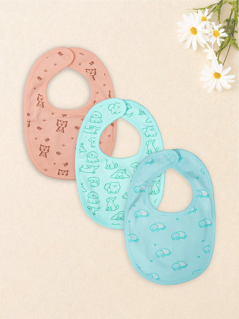Organic Cotton Baby Bib Pack of 3 – Soft Breathable Tiger, Blue Dog & Turtle Print, Feeding & Drool Bibs