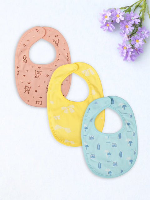 Organic Cotton Baby Bib Pack of 3 – Soft Breathable Tiger, Bow, Beach Print, Feeding & Drool Bibs