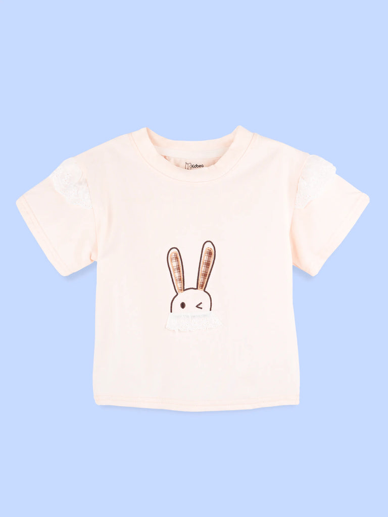 Girls Cotton Co-Ord Set – Peach Bunny T-Shirt with Denim Shorts