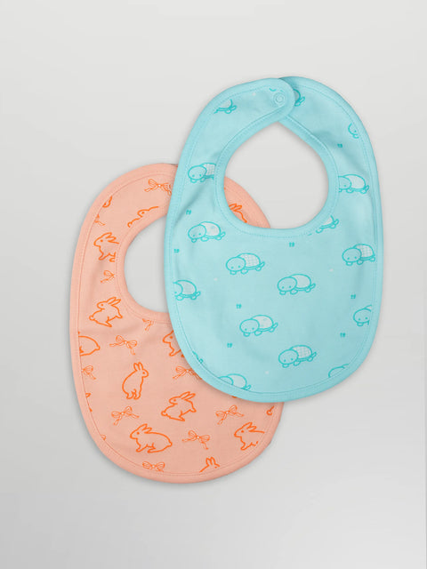 Organic Cotton Baby Bib Pack of 2 – Soft Breathable Turtle & Bunny Print, Feeding & Drool Bibs