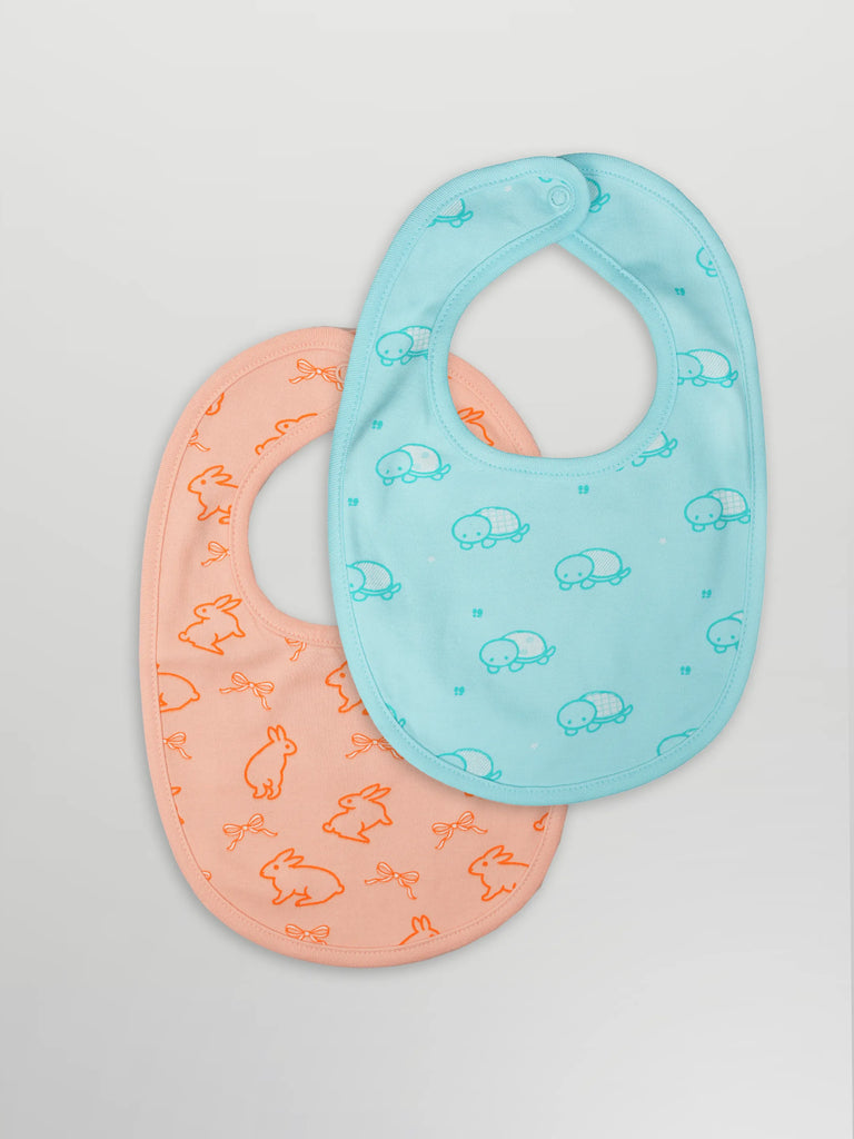 Organic Cotton Baby Bib Pack of 2 – Soft Breathable Turtle & Bunny Print, Feeding & Drool Bibs