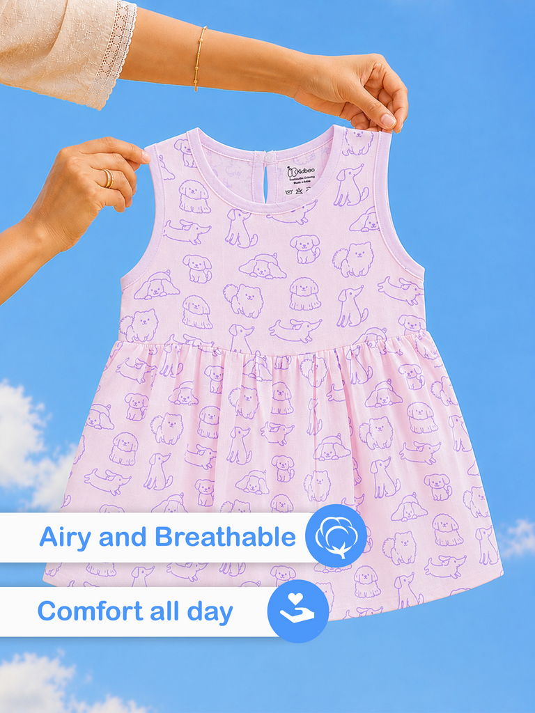 BambooTEC™ Bamboo Muslin Baby Frock – Puppy Parade Print, Soft & Breathable Dress