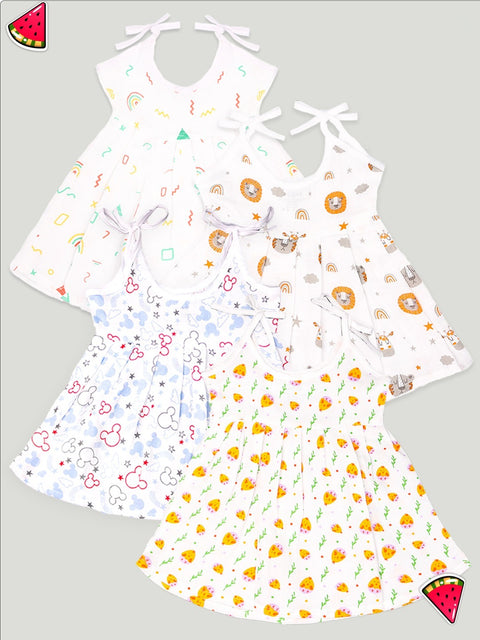 Extra Soft Muslin Baby Girls Frock Pack of 4 – Tiger, Mickey, Rainbow & Cute Chick Prints