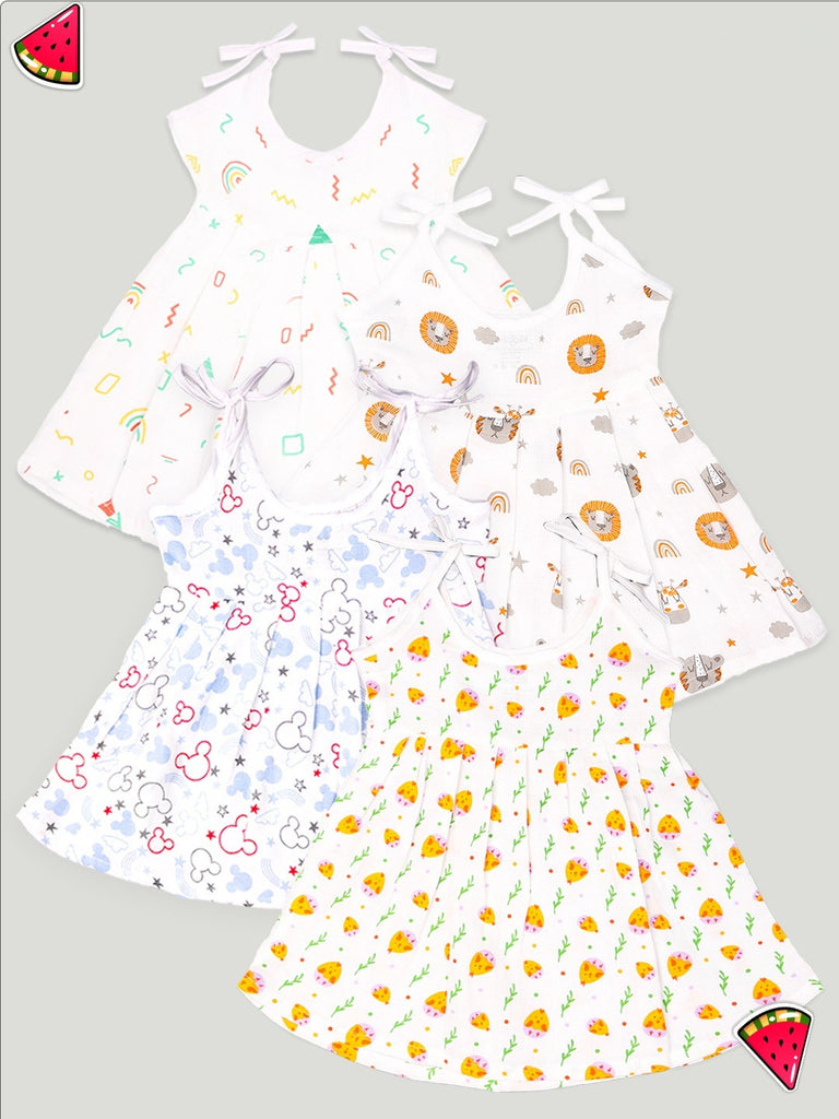 Extra Soft Muslin Baby Girls Frock Pack of 4 – Tiger, Mickey, Rainbow & Cute Chick Prints
