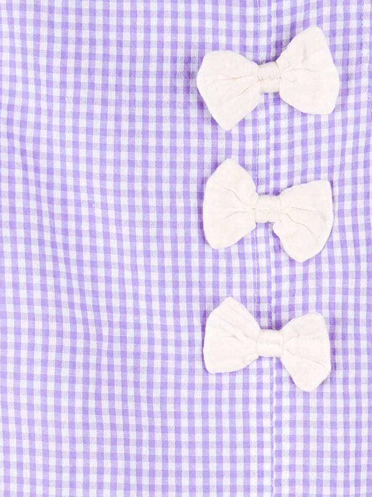 Girls Cotton Gingham Frock – Lavender Check Dress with White Bow Details