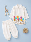 Girls White Embroidered Kurta & Dhoti Set – Colorful Floral Festive Wear