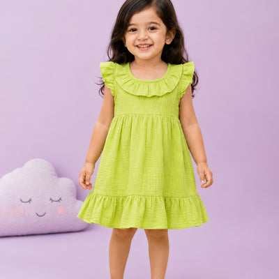 Light Organic Cotton Charming Olive Green Girls Frock | Olive Green