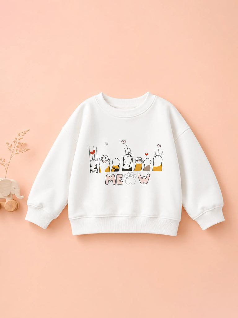 Unisex White Sweatshirt – Meow Cat Print Full-Sleeve Sweatshirt