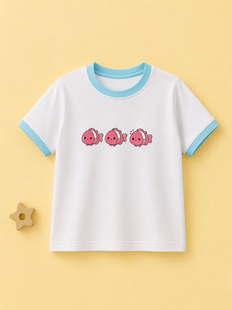 Girls White Organic Cotton Round Neck Fish Print T-Shirt