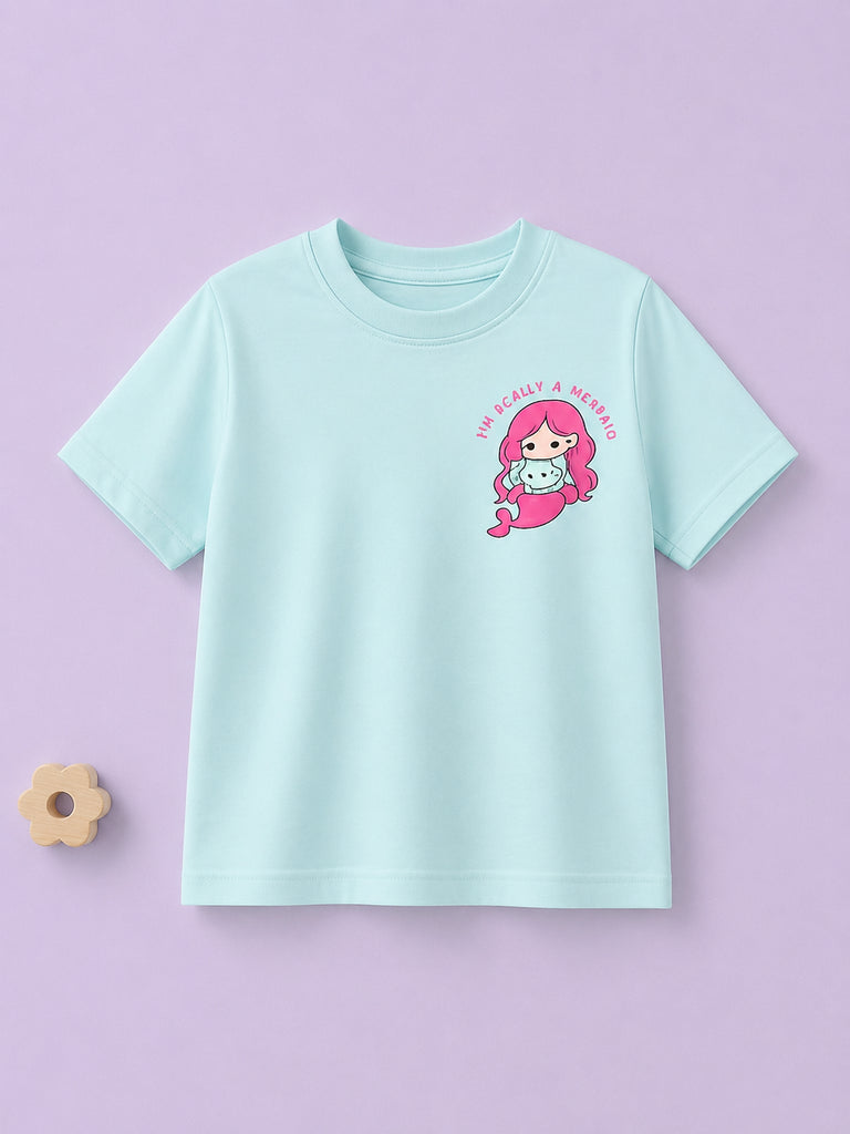 Girls Light Organic Cotton Aqua Blue Mermaid Print T-Shirt
