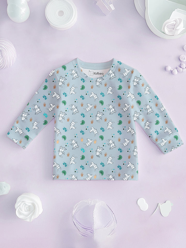 100% Bamboo Cotton Unisex Full Sleeves Bunny Printed Co-Ord Set - Sky Blue