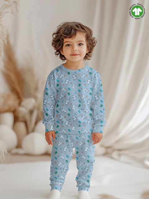 100% Bamboo Cotton Unisex Full Sleeves Bunny Printed Co-Ord Set - Sky Blue